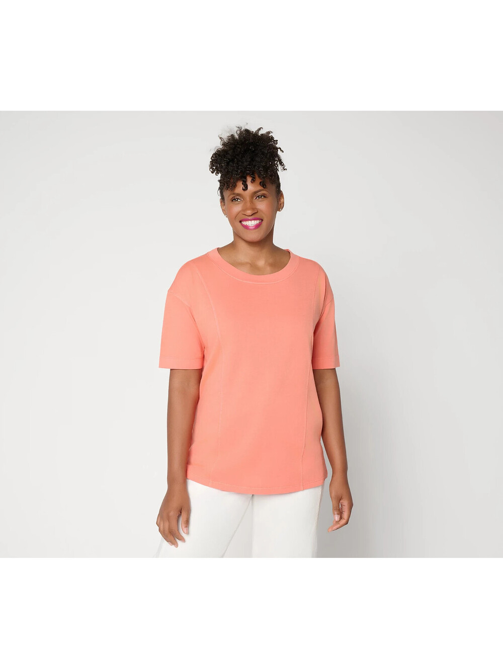 LOGO by Lori Goldstein Everyday Cotton Elbow Sleeve Seamed Top Salmon, Medium